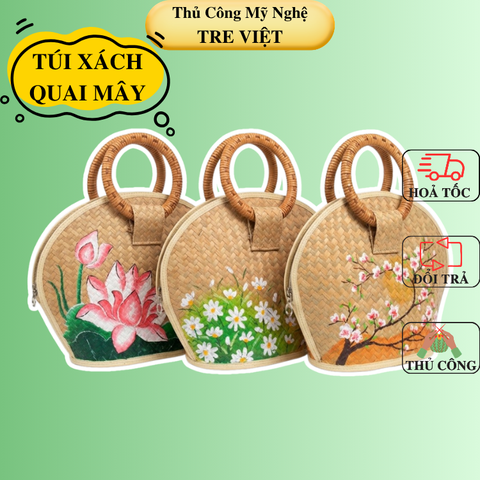 Túi Xách Cầm Tay Quai Mây Vẽ Hoa - Túi Cỏ Bàng Quai Mây