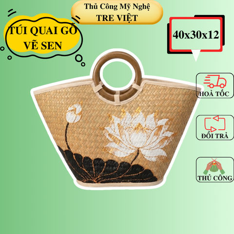 Túi xách quai gỗ vẽ hoa sen đẹp