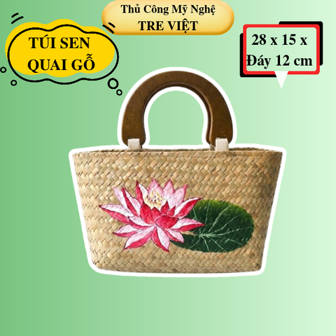 Túi Xách Cỏ Bàng Quai Gỗ Vẽ Sen Đeo Tay
