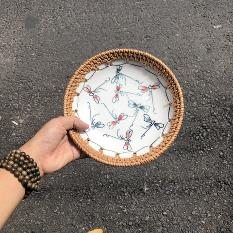 Dĩa sứ tròn đan mây - Đĩa sứ viền mây tre đan tay decor, đựng đồ