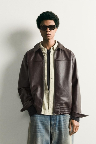 Áo Khoác Chính Hãng - Zara Relaxed Fit Leather Effect Zip-Up Jacket 