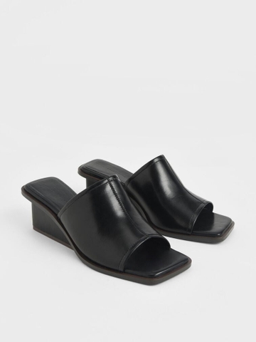 Dép Cao Gót Chính Hãng - Charles & Keith Square Toe Wedge Mules Black - 80580121-B