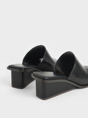 Dép Cao Gót Chính Hãng - Charles & Keith Square Toe Wedge Mules Black - 80580121-B