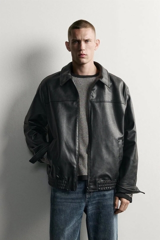 Áo Khoác Chính Hãng - Zara Relaxed Fit Leather Effect Zip-Up Jacket 