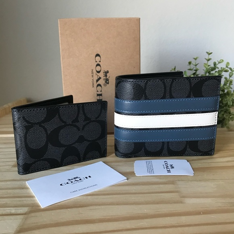 Phụ Kiện Chính Hãng - Ví Coach 3 In 1 Wallet In Signature Canvas With Varsity Stripe 'Black' - VC35