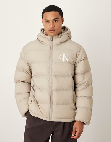 Áo Khoác Phao Chính Hãng - Calvin Klein Jeans Monologo Puffer Jacket In Beige 