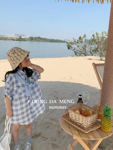 Áo váy sơ mi kẻ caro vạt buộc DongDameng