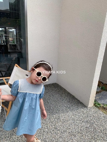 Áo váy xanh cổ ren caro Yiyaya