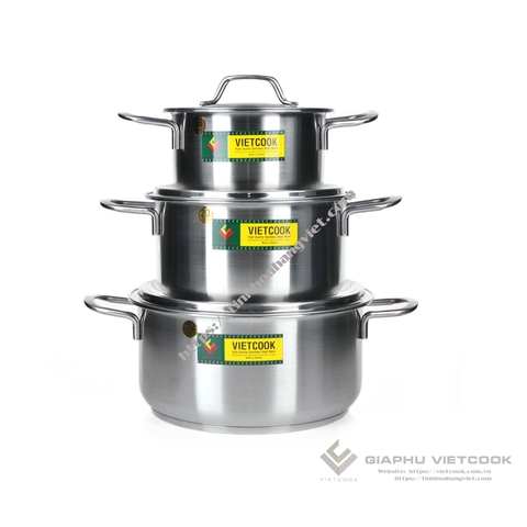 BỘ NỒI INOX 3 ĐÁY QUAI ĐŨA NẮP INOX VIETCOOK - V03