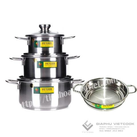 BỘ NỒI INOX 3 ĐÁY NẮP KÍNH 4 món VIETCOOK - V04NK
