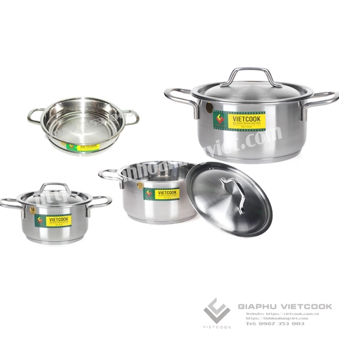 BỘ NỒI INOX 3 ĐÁY NẮP INOX 4 món VIETCOOK - V04