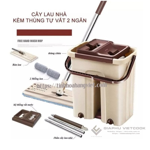 Bộ cây lau nhà 2 ngăn gồm 1 thùng chứa, 1 cây lau inox và 2 miếng bông lau