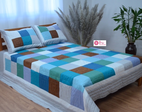 Chăn Quilt Vuông Xanh - Nâu