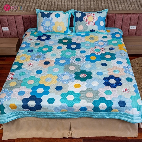 Chăn Quilt Lục lăng Xanh Dương