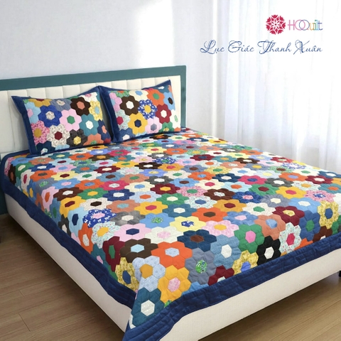 Chăn Ghép Lục Giác 3cm, đa sắc, viền xanh