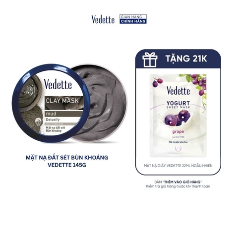 Mặt nạ đất sét Vedette Mud (Bùn Khoáng) 145g hút dầu thừa, chất bẩn từ sâu trong lỗ chân lông và giúp da sáng sạch hơn. Dùng cho da dầu và da hỗn hợp.