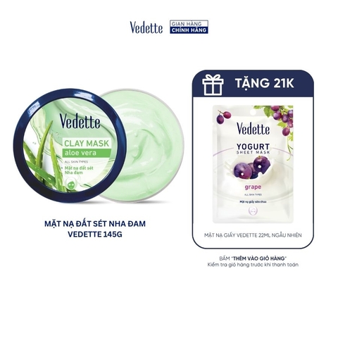 Mặt nạ đất sét Vedette Nha Đam 145g hút dầu thừa và chất bẩn trên da, cấp ẩm và làm dịu da. Dùng cho mọi loại da.
