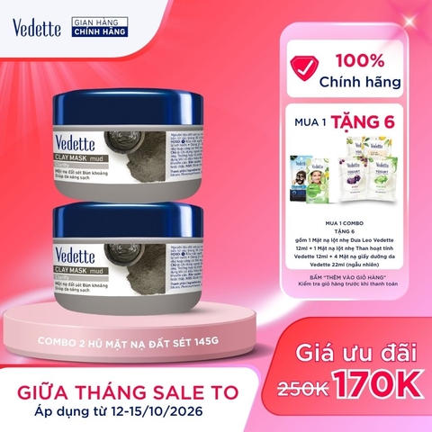 COMBO 2 Mặt nạ đất sét Vedette 145g hút dầu thừa, chất bẩn từ sâu trong lỗ chân lông. Dành cho nhiều loại da.