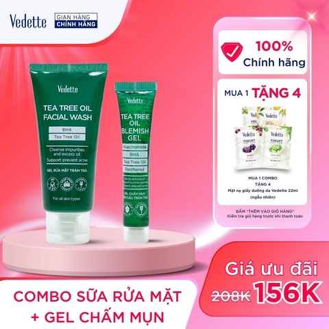 COMBO 1 Sữa rửa mặt 100ml + Gel chấm mụn 18ml Tinh dầu tràm trà Vedette Sạch da Dịu da Hỗ trợ ngăn ngừa mụn