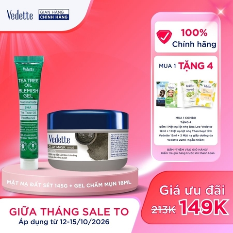 COMBO 1 Mặt nạ đất sét Vedette 145g + 1 Gel chấm mụn Tràm trà 18ml giúp da sạch dầu thừa, hỗ trợ ngăn ngừa mụn.