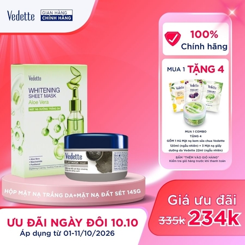 COMBO 1 Hộp 10 Mặt nạ dưỡng trắng da Vedette 22ml + 1 Mặt nạ Đất Sét 145g cho da sạch sâu, sáng mịn, đều màu.
