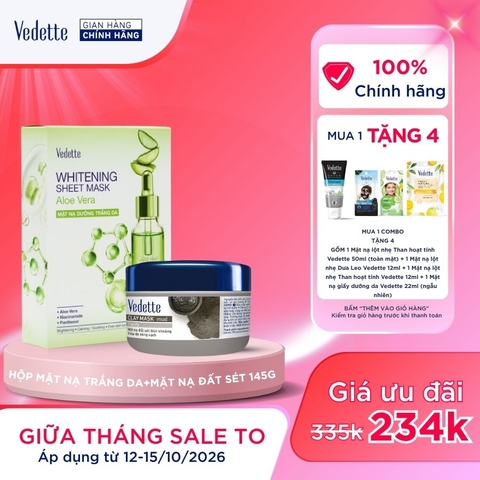 COMBO 1 Hộp 10 Mặt nạ dưỡng trắng da Vedette 22ml + 1 Mặt nạ Đất Sét 145g cho da sạch sâu, sáng mịn, đều màu.