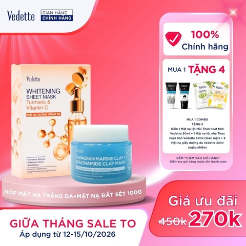 COMBO 1 Mặt Nạ Đất Sét Vedette 100g + 1 HỘP 10 Mặt nạ dưỡng trắng da 22ml Sạch Dầu Thừa Ngừa Mụn Dưỡng da Sáng mịn