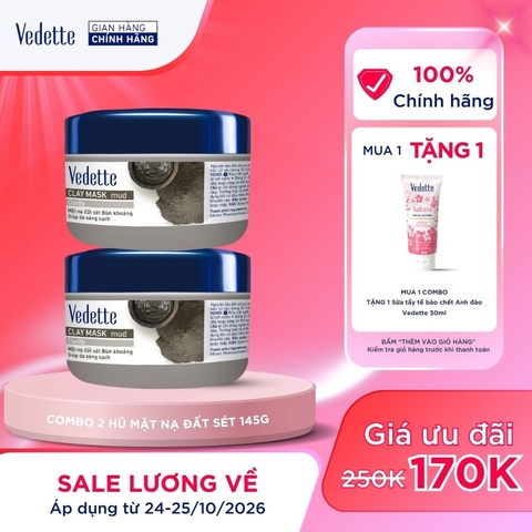 COMBO 2 Mặt nạ đất sét Vedette 145g hút dầu thừa, chất bẩn từ sâu trong lỗ chân lông. Dành cho nhiều loại da.