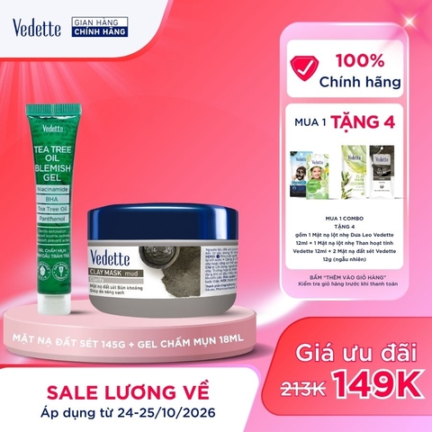 COMBO 1 Mặt nạ đất sét Vedette 145g + 1 Gel chấm mụn Tràm trà 18ml giúp da sạch dầu thừa, hỗ trợ ngăn ngừa mụn.
