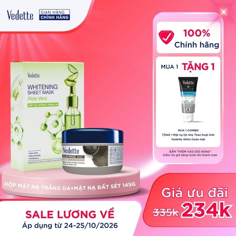 COMBO 1 Hộp 10 Mặt nạ dưỡng trắng da Vedette 22ml + 1 Mặt nạ Đất Sét 145g cho da sạch sâu, sáng mịn, đều màu.