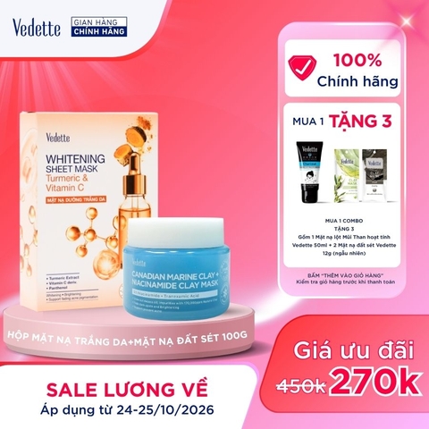 COMBO 1 Mặt Nạ Đất Sét Vedette 100g + 1 HỘP 10 Mặt nạ dưỡng trắng da 22ml Sạch Dầu Thừa Ngừa Mụn Dưỡng da Sáng mịn