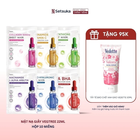 HỘP 10 MIẾNG Mặt nạ Vegtree dưỡng trắng da, đều màu da, cấp ẩm, se khít lỗ chân lông 25ml/miếng