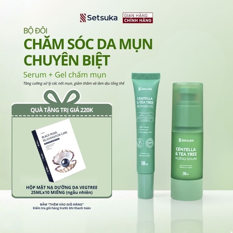 Bộ Đôi Chăm Sóc Da Mụn Chuyên Biệt Setsuka SERUM + GEL CHẤM MỤN Rau má & Tràm trà ngừa mụn và làm mờ thâm, phục hồi da