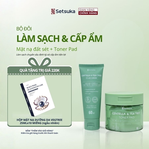 Bộ đôi Làm Sạch & Cấp Ẩm Setsuka MẶT NẠ ĐẤT SÉT + TONER PAD Rau má & Tràm trà kiểm soát dầu, ngừa mụn, cấp ẩm