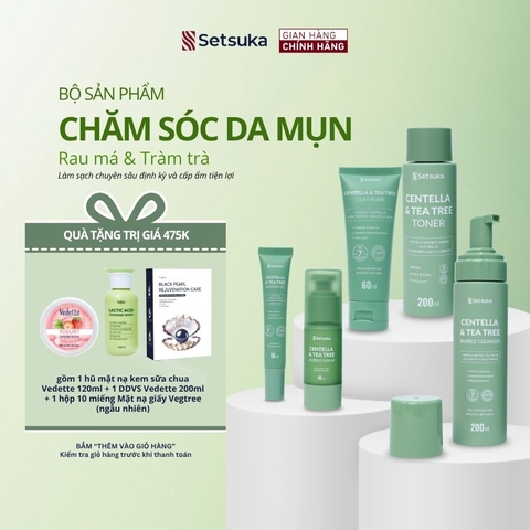 TRỌN BỘ chăm sóc da Ngừa mụn Setsuka CENTELLA & TEA TREE  Rau má & Tràm trà ngăn ngừa mụn và phục hồi da nhạy cảm