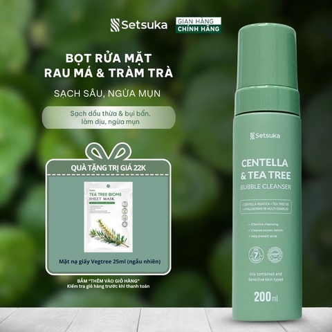 Bọt Rửa Mặt Rau má & Tràm trà Setsuka Sạch Sâu, Ngừa Mụn, dành cho da dầu mụn nhạy cảm 200ml