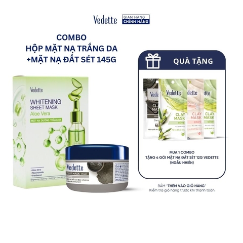 COMBO 1 Hộp 10 Mặt nạ dưỡng trắng da Vedette 22ml + 1 Mặt nạ Đất Sét 145g cho da sạch sâu, sáng mịn, đều màu.