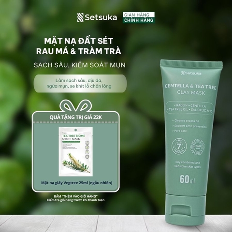 Mặt Nạ Đất Sét Rau má & Tràm trà Setsuka Làm Sạch Sâu, Kiểm Soát Mụn, se khít lỗ chân lông 60ml