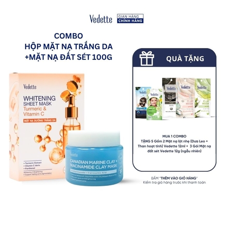 COMBO 1 Mặt Nạ Đất Sét Vedette 100g + 1 HỘP 10 Mặt nạ dưỡng trắng da 22ml Sạch Dầu Thừa Ngừa Mụn Dưỡng da Sáng mịn