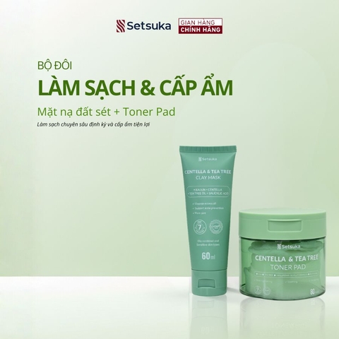 Bộ đôi Làm Sạch & Cấp Ẩm Setsuka MẶT NẠ ĐẤT SÉT + TONER PAD Rau má & Tràm trà kiểm soát dầu, ngừa mụn, cấp ẩm