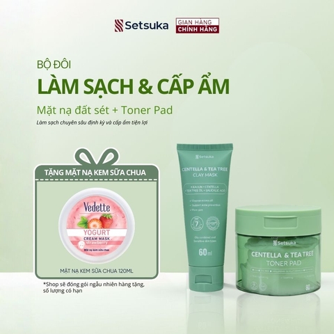 Bộ đôi Làm Sạch & Cấp Ẩm Setsuka MẶT NẠ ĐẤT SÉT + TONER PAD Rau má & Tràm trà kiểm soát dầu, ngừa mụn, cấp ẩm