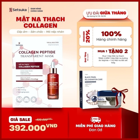 Mặt Nạ Thạch Collagen Peptide Transparent Setsuka giúp làm mờ các dấu hiệu lão hóa, se khít lỗ chân lông 35ml/miếng