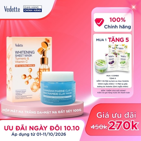 COMBO 1 Mặt Nạ Đất Sét Vedette 100g + 1 HỘP 10 Mặt nạ dưỡng trắng da 22ml Sạch Dầu Thừa Ngừa Mụn Dưỡng da Sáng mịn