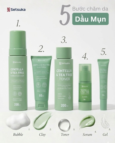 TRỌN BỘ chăm sóc da Ngừa mụn Setsuka CENTELLA & TEA TREE  Rau má & Tràm trà ngăn ngừa mụn và phục hồi da nhạy cảm