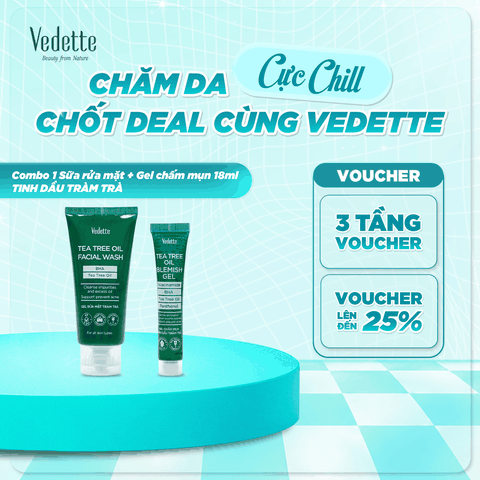 COMBO 1 Sữa rửa mặt 100ml + Gel chấm mụn 18ml Tinh dầu tràm trà Vedette Sạch da Dịu da Hỗ trợ ngăn ngừa mụn
