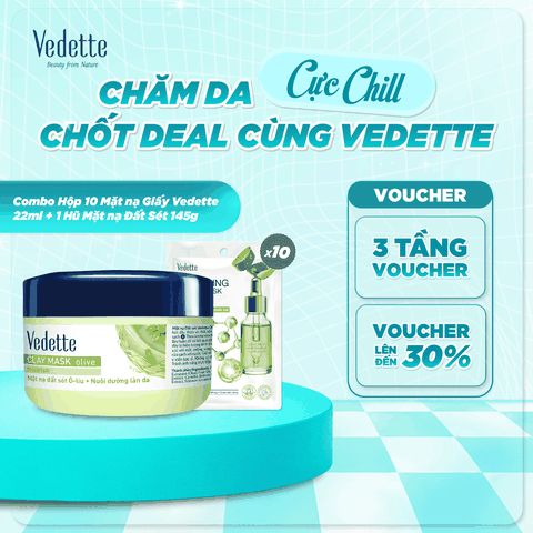 COMBO 1 Hộp 10 Mặt nạ dưỡng trắng da Vedette 22ml + 1 Mặt nạ Đất Sét 145g cho da sạch sâu, sáng mịn, đều màu.