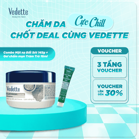 COMBO 1 Mặt nạ đất sét Vedette 145g + 1 Gel chấm mụn Tràm trà 18ml giúp da sạch dầu thừa, hỗ trợ ngăn ngừa mụn.
