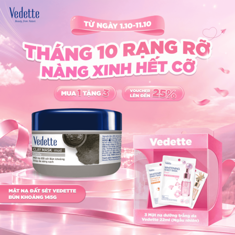 Mặt nạ đất sét Vedette Mud (Bùn Khoáng) 145g hút dầu thừa, chất bẩn từ sâu trong lỗ chân lông và giúp da sáng sạch hơn. Dùng cho da dầu và da hỗn hợp.
