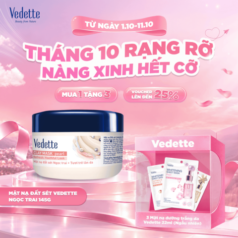 Mặt nạ đất sét Vedette Ngọc Trai 145g hút dầu thừa và chất bẩn trên da, giữ gìn vẻ tươi trẻ cho làn da. Dùng cho mọi loại da.