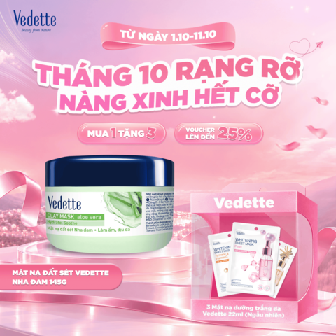 Mặt nạ đất sét Vedette Nha Đam 145g hút dầu thừa và chất bẩn trên da, cấp ẩm và làm dịu da. Dùng cho mọi loại da.